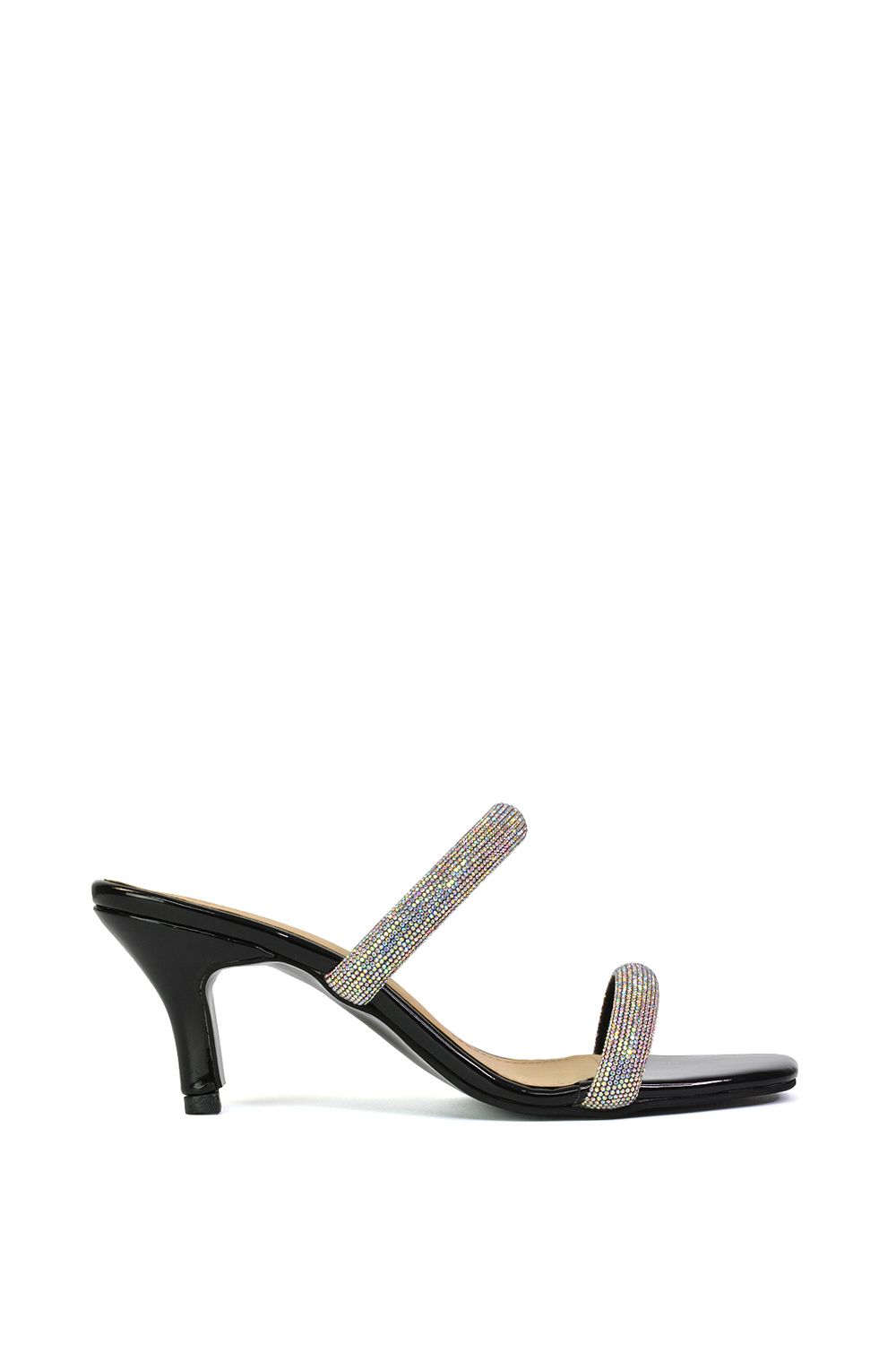'Nancy' Square Toe Diamante Strappy Slip On Low Kitten Heel Mules