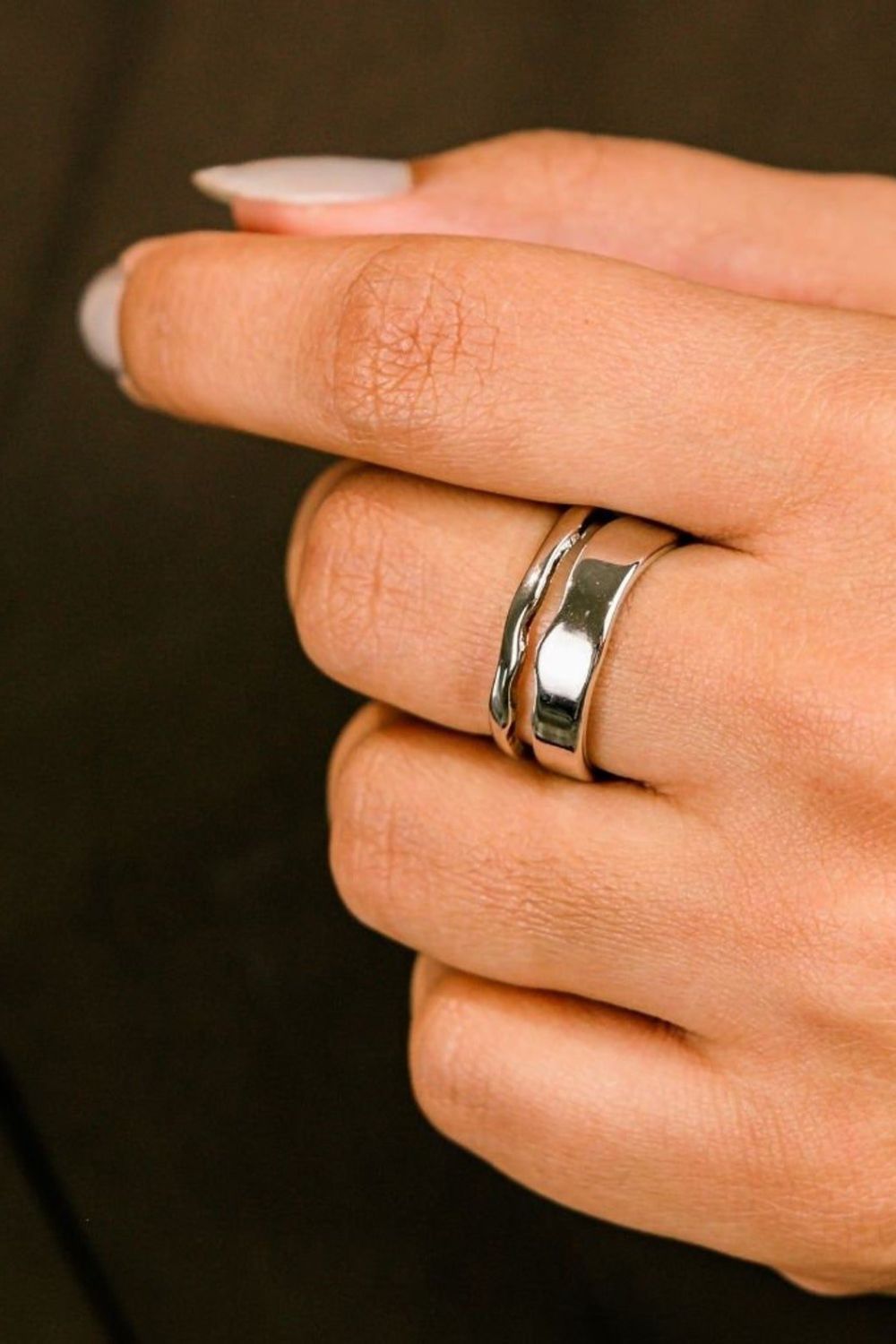 Adjustable Thick Hammered Silver Irregular Cuff Band Wave Ring