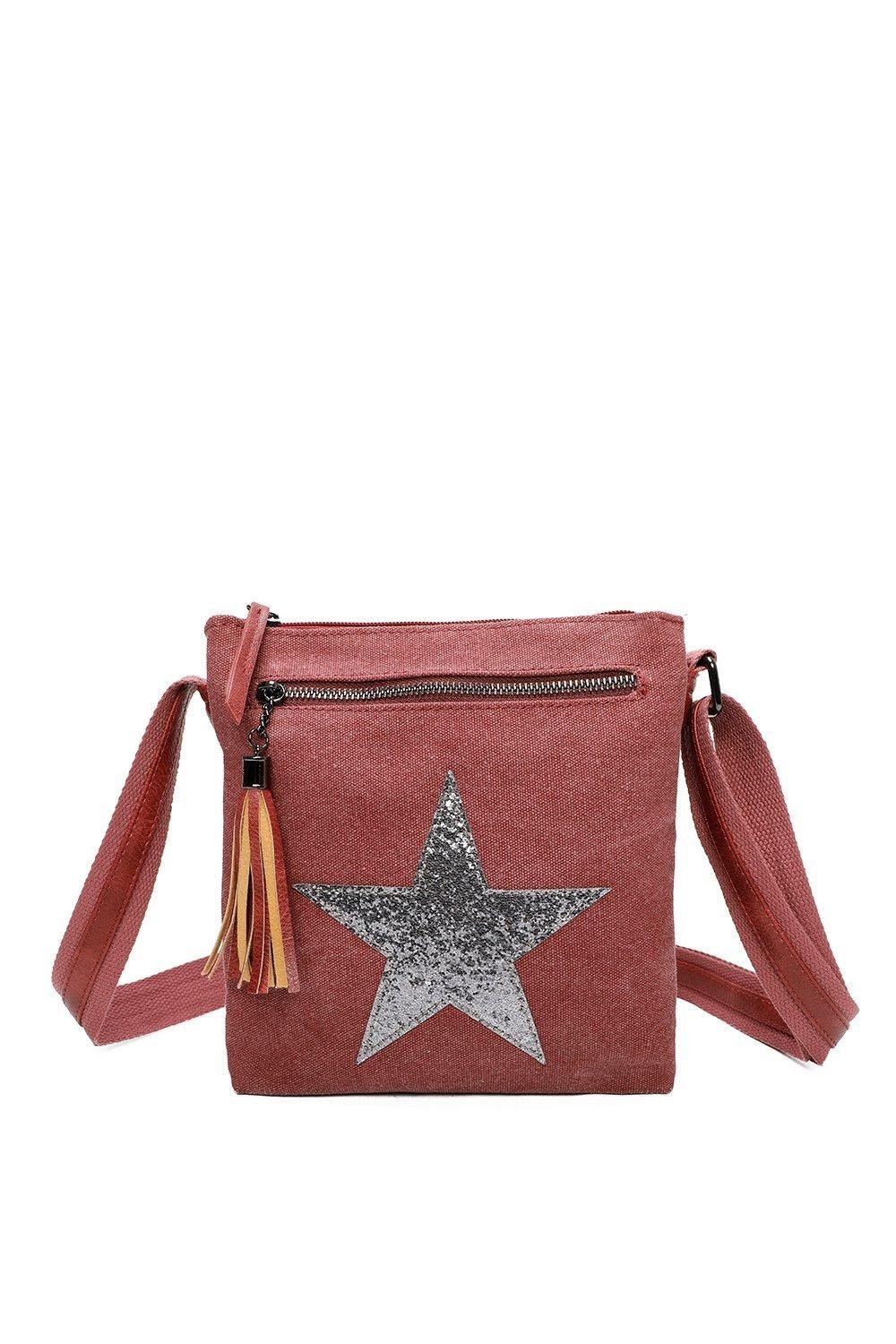 Star Tassel Triple Zip Canvas Crossbody Messenger Bag