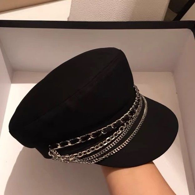 Stylish Black Baker Boy Hat with Chains