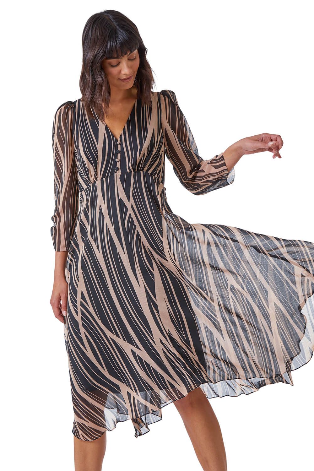 Abstract Print Wrap Hanky Hem Midi Dress