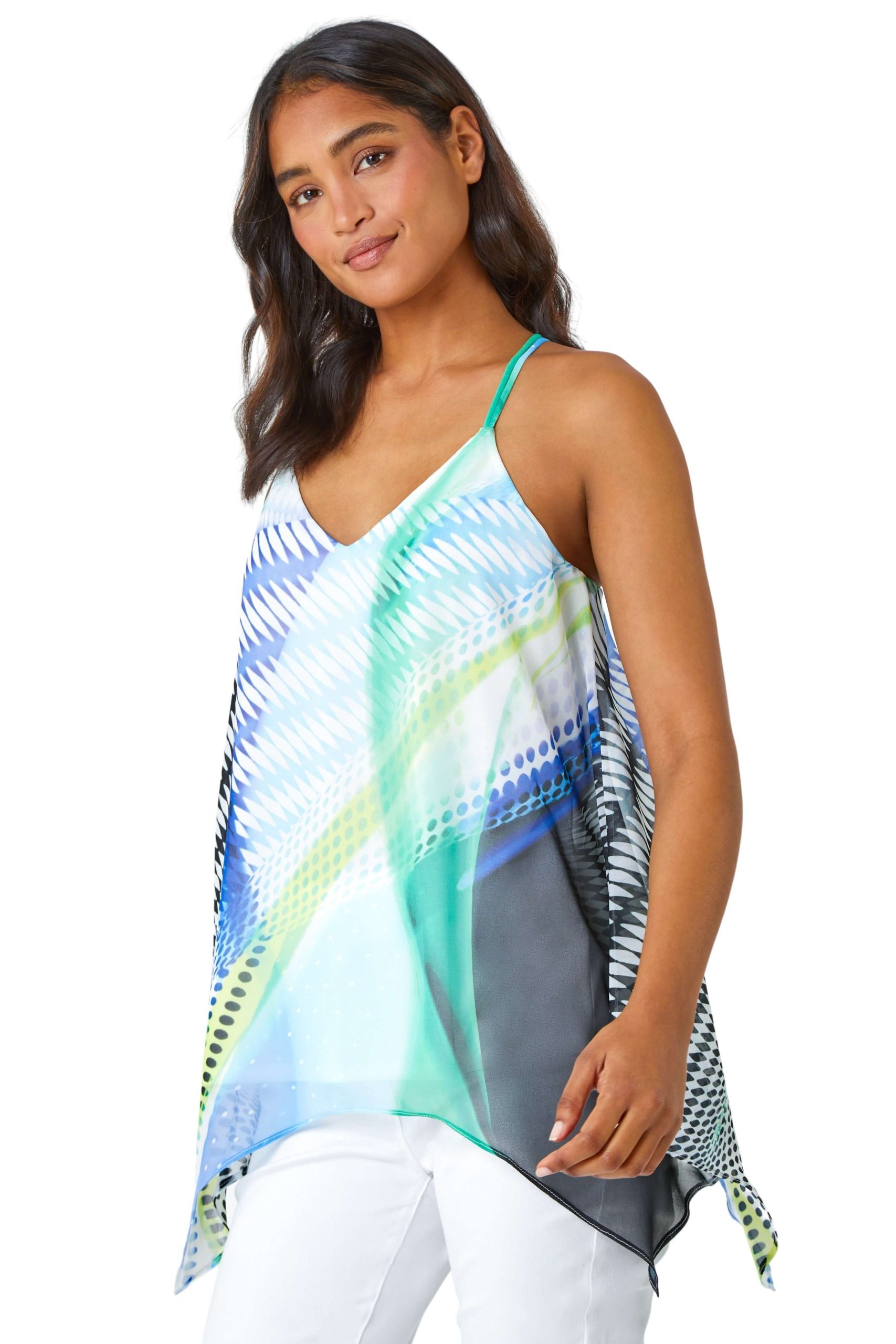 Abstract Print V-Neck Hanky Hem Cami Top