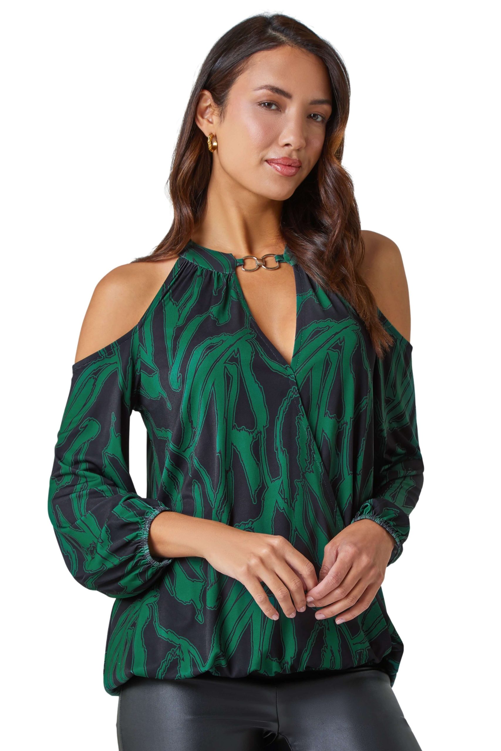Abstract Print Cold Shoulder Stretch Top
