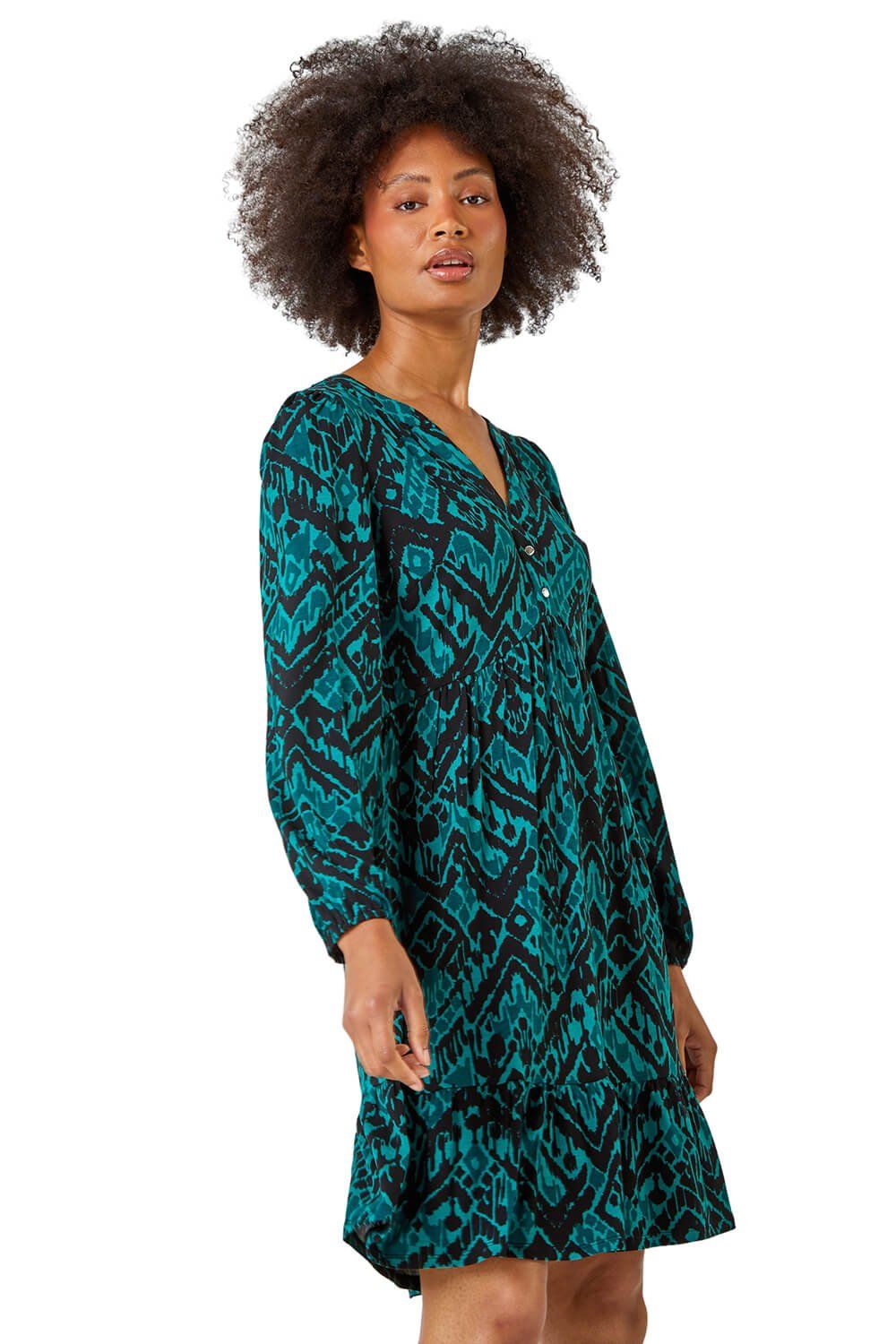 Aztec Print Frilled Hem Stretch Dress