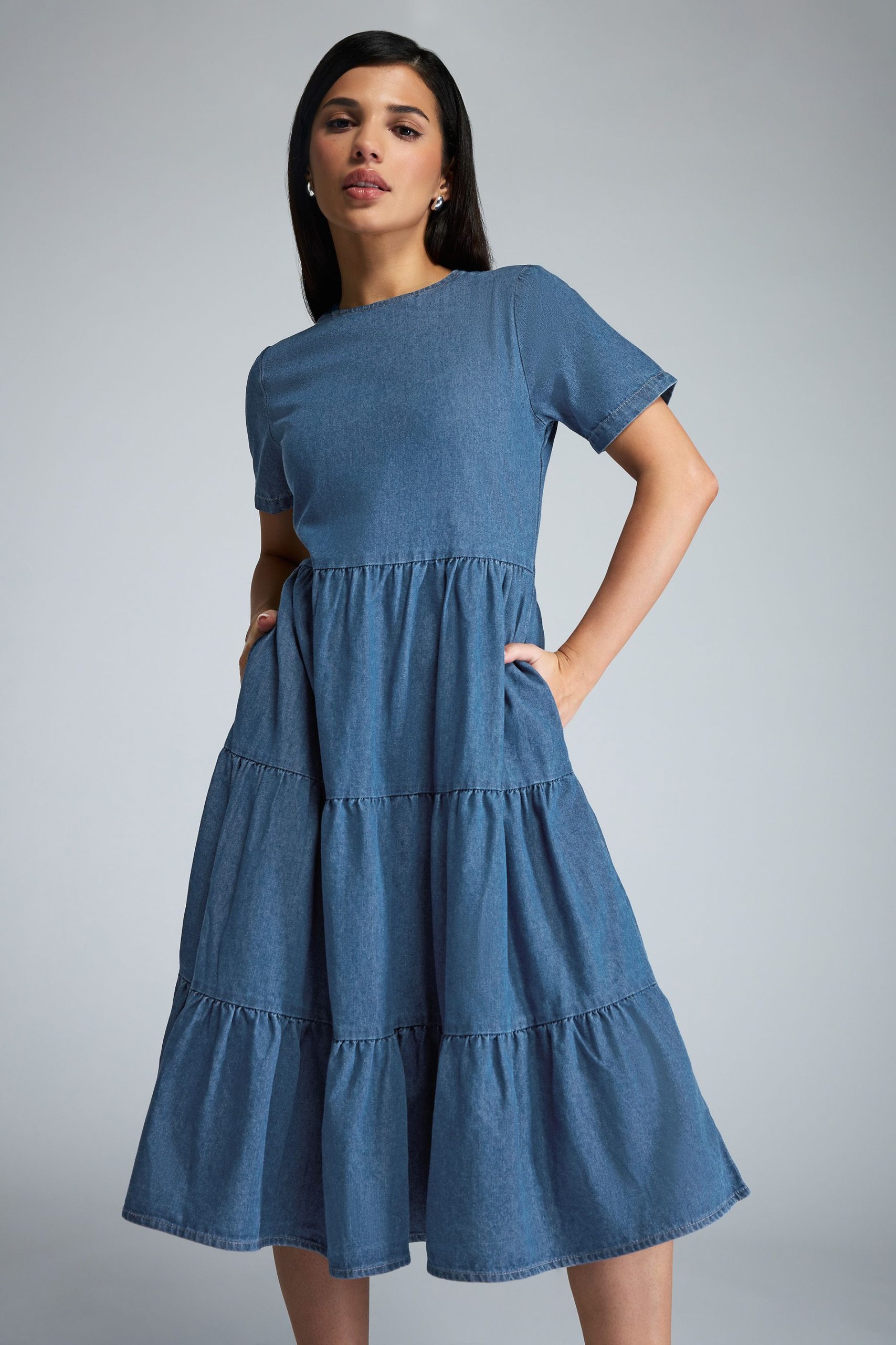 Petite Denim Tiered Midi Dress