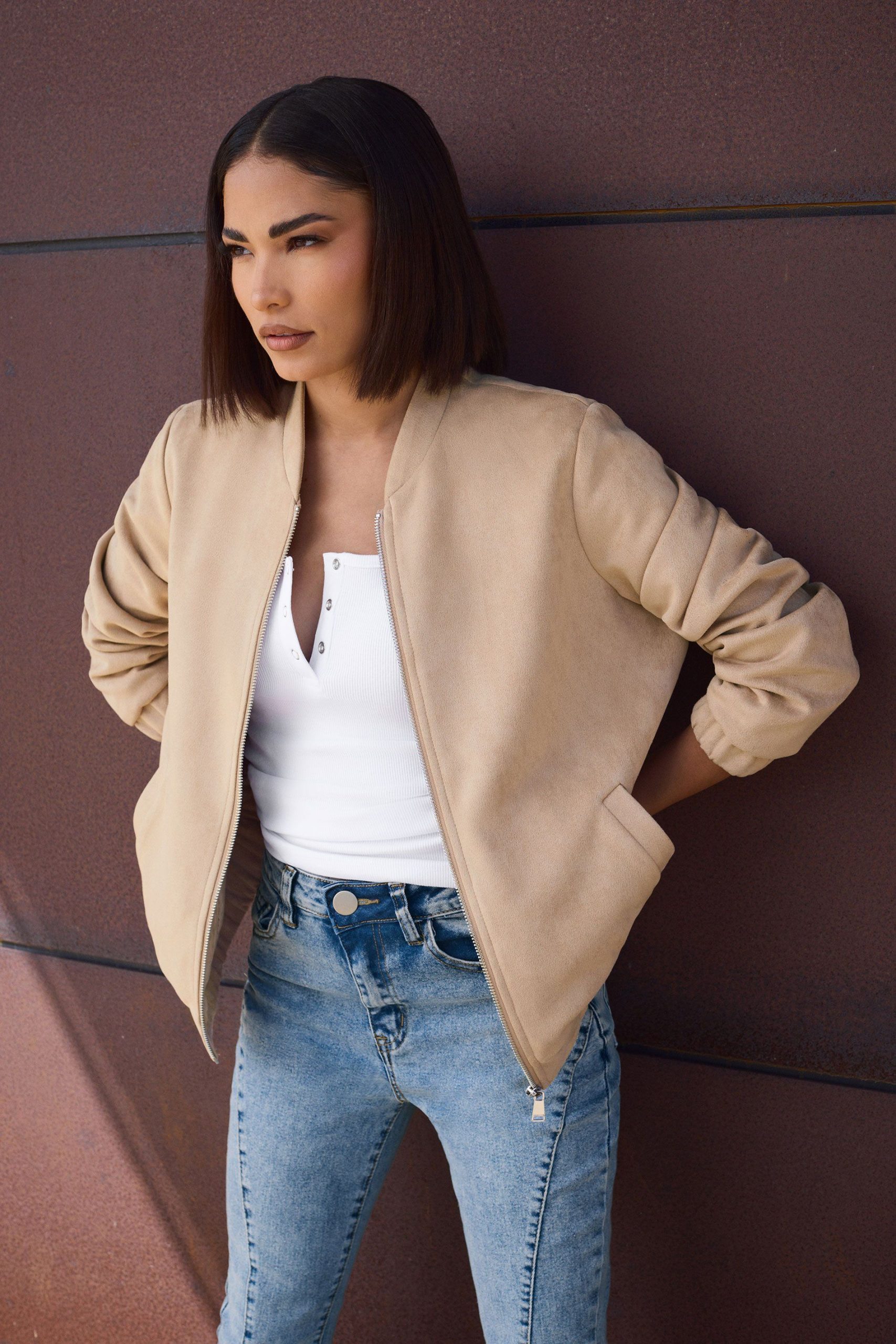 Petite Faux Suede Bomber Jacket