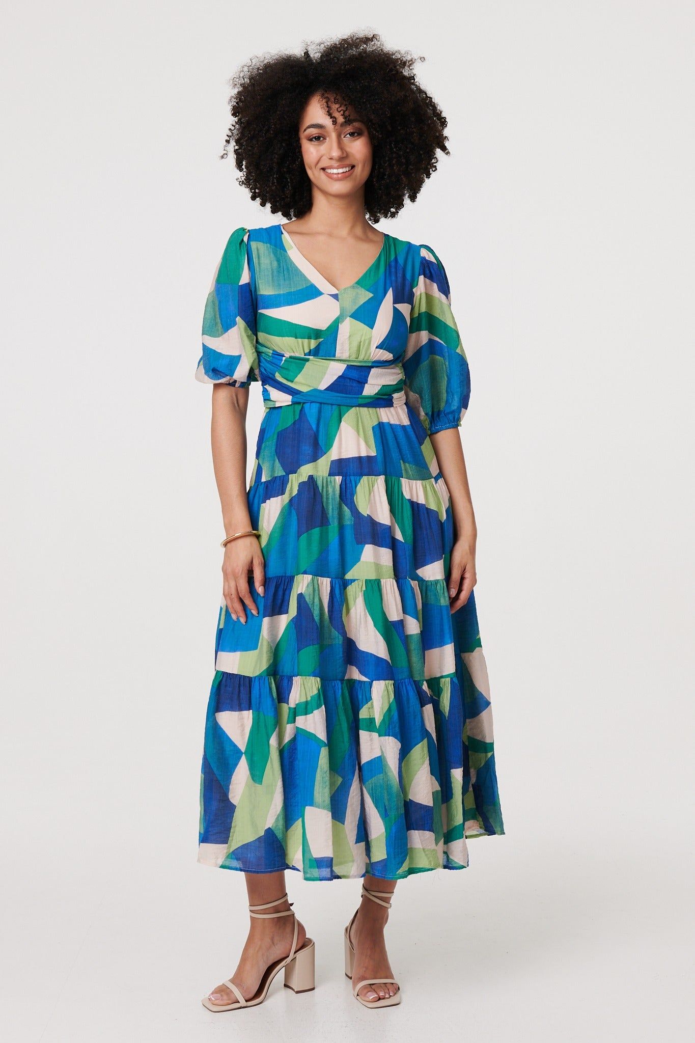 Abstract Ruched 3/4 Sleeve Midi Dress