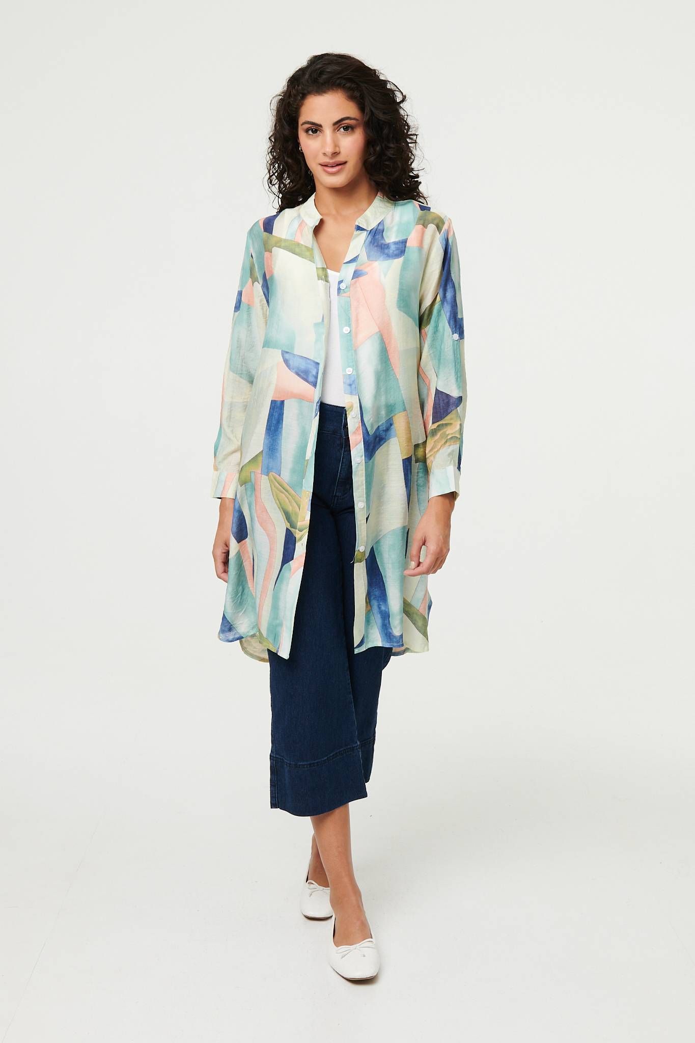 Abstract 3/4 Sleeve Short Shirt Dress