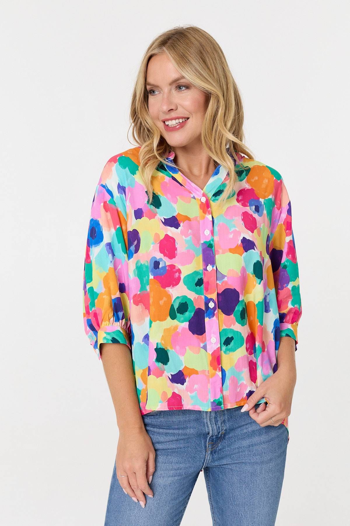 Abstract 3/4 Sleeve Curve Hem Blouse