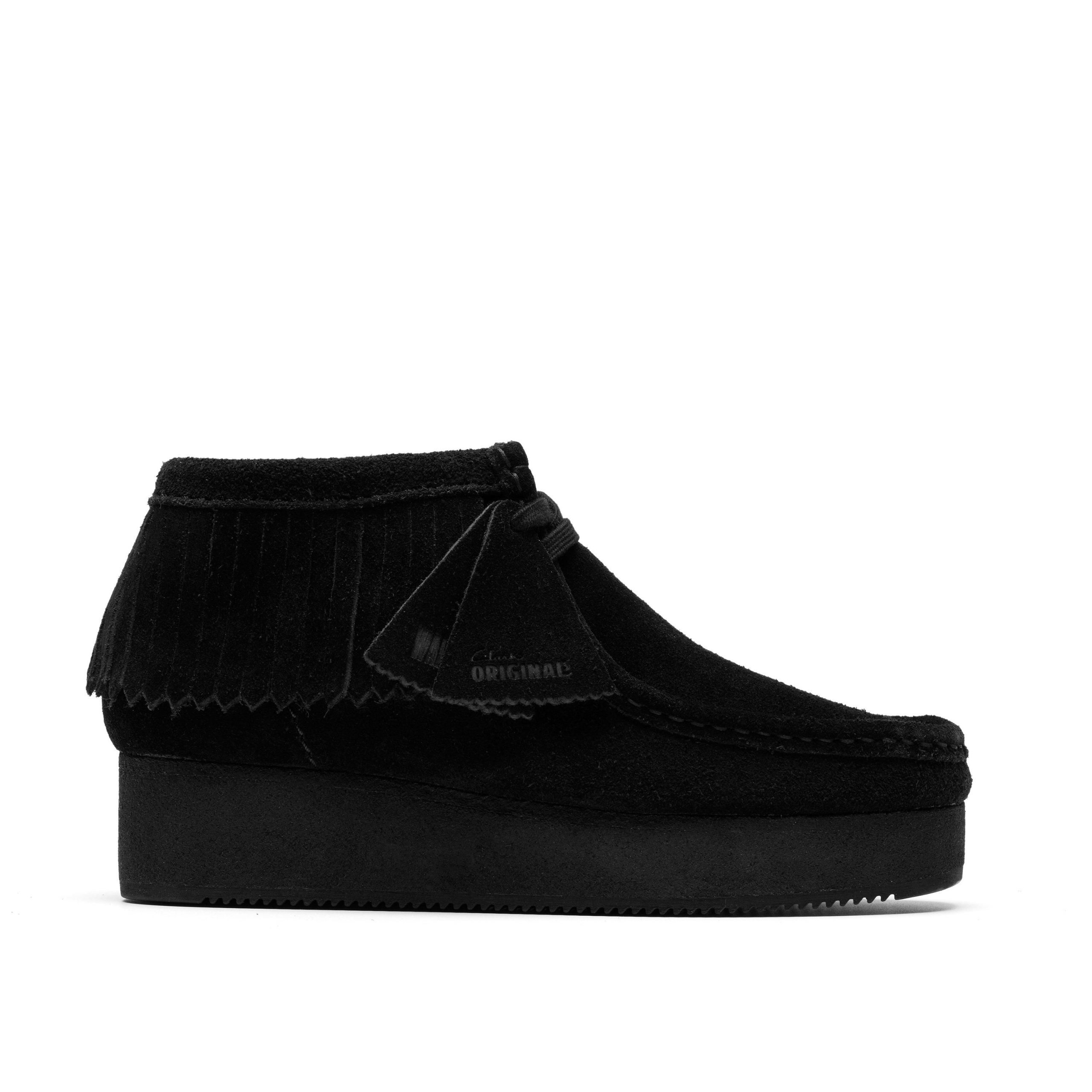 Wallabee Wedge Fringe Black Suede Ankle Boots