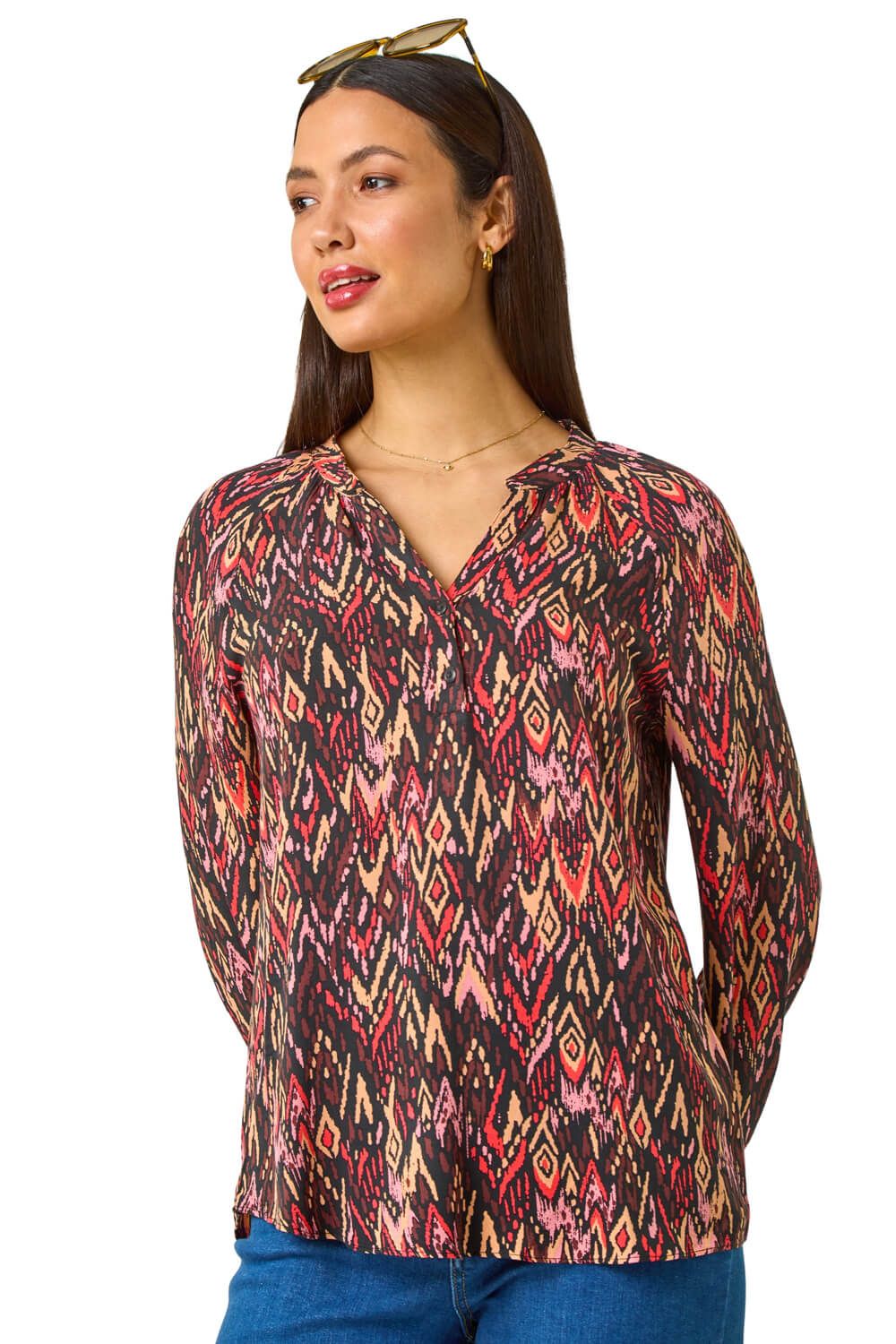 Aztec Print V-Neck Cuff Sleeve Top