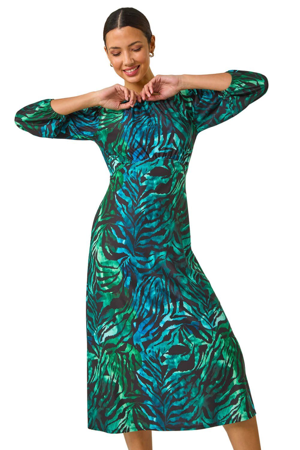 Zebra Print Gathered Midi Dress