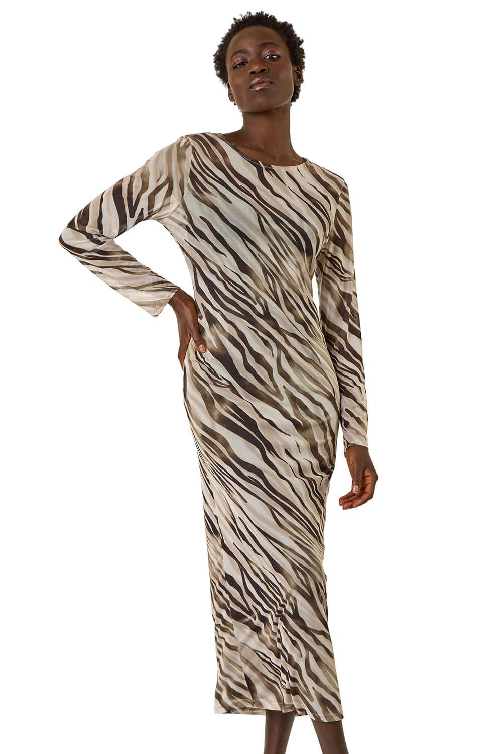 Zebra Print Mesh Maxi Stretch Dress