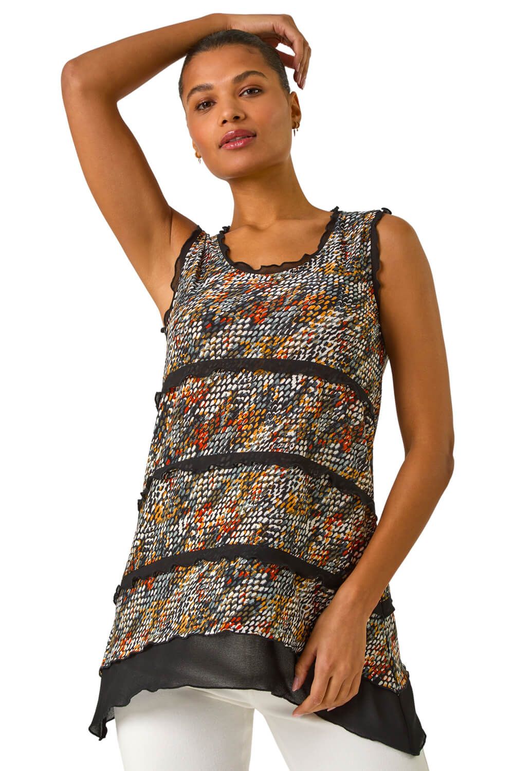 Abstract Print Chiffon Trim Top