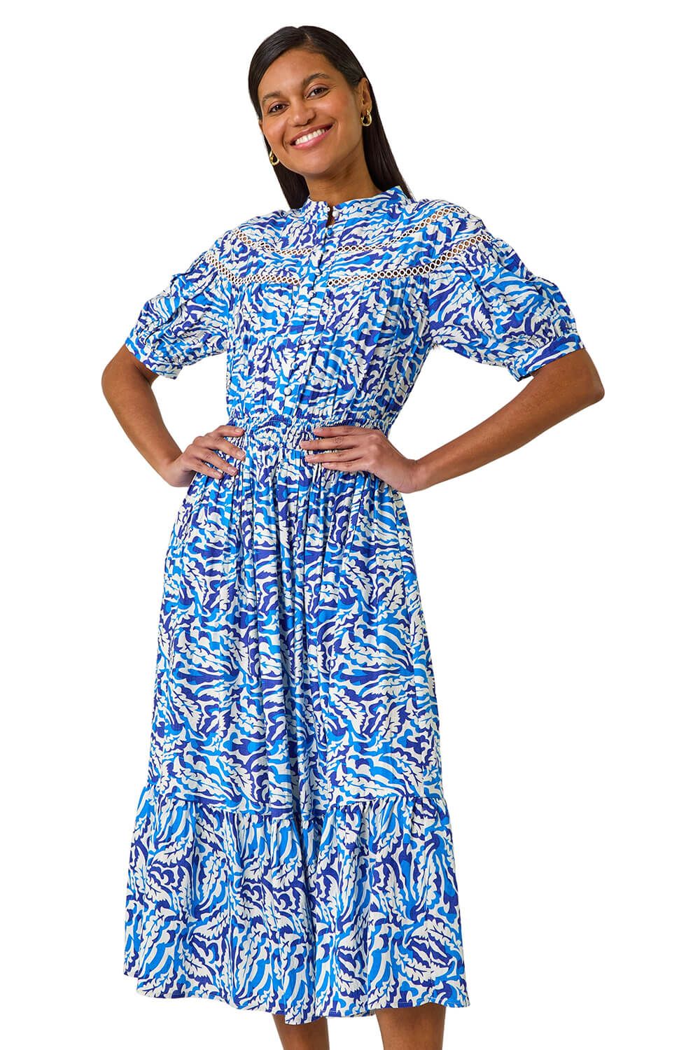 Abstract Print Lace Trim Midi Dress