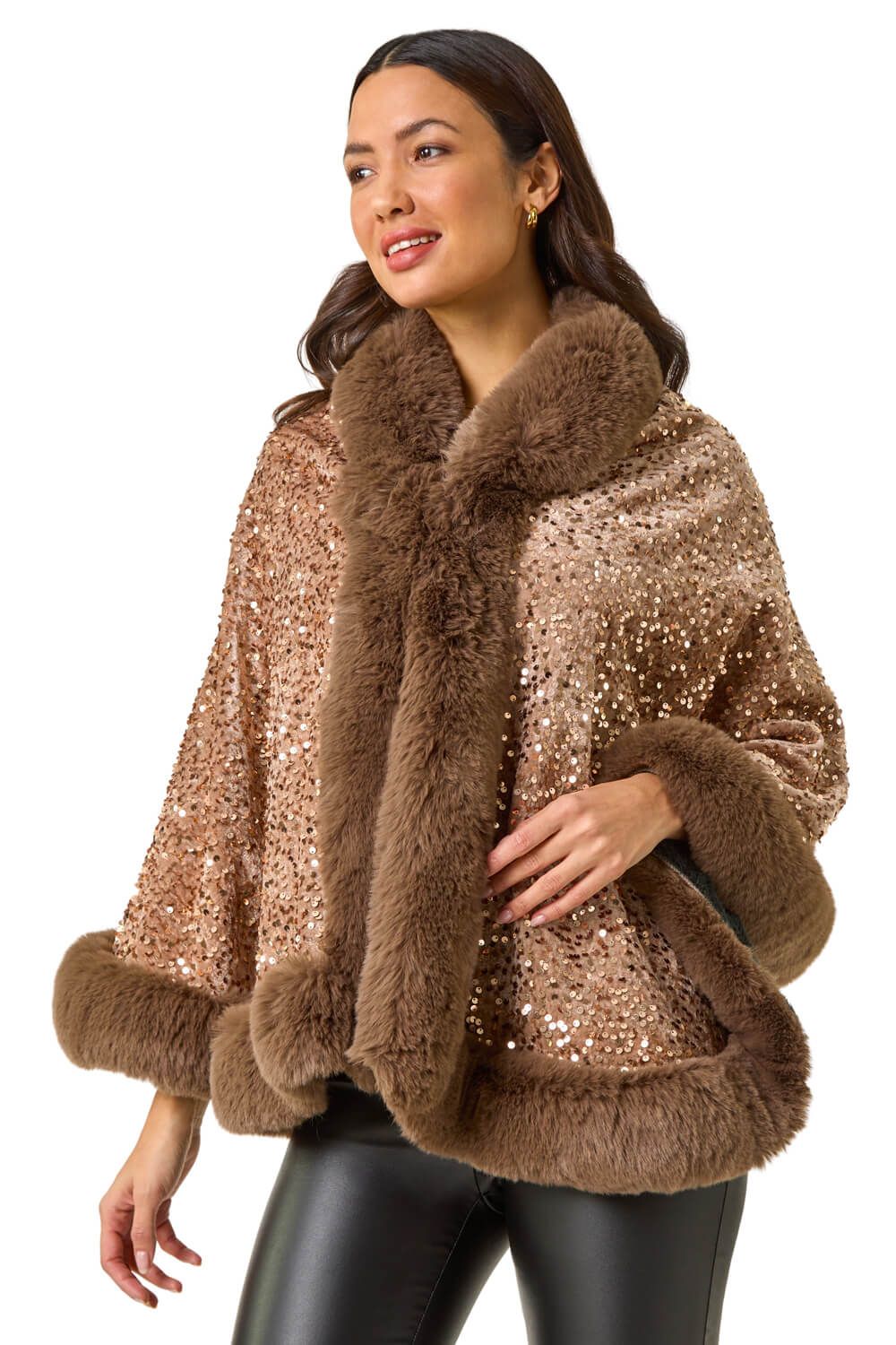 Embellished Faux Fur Trim Cape