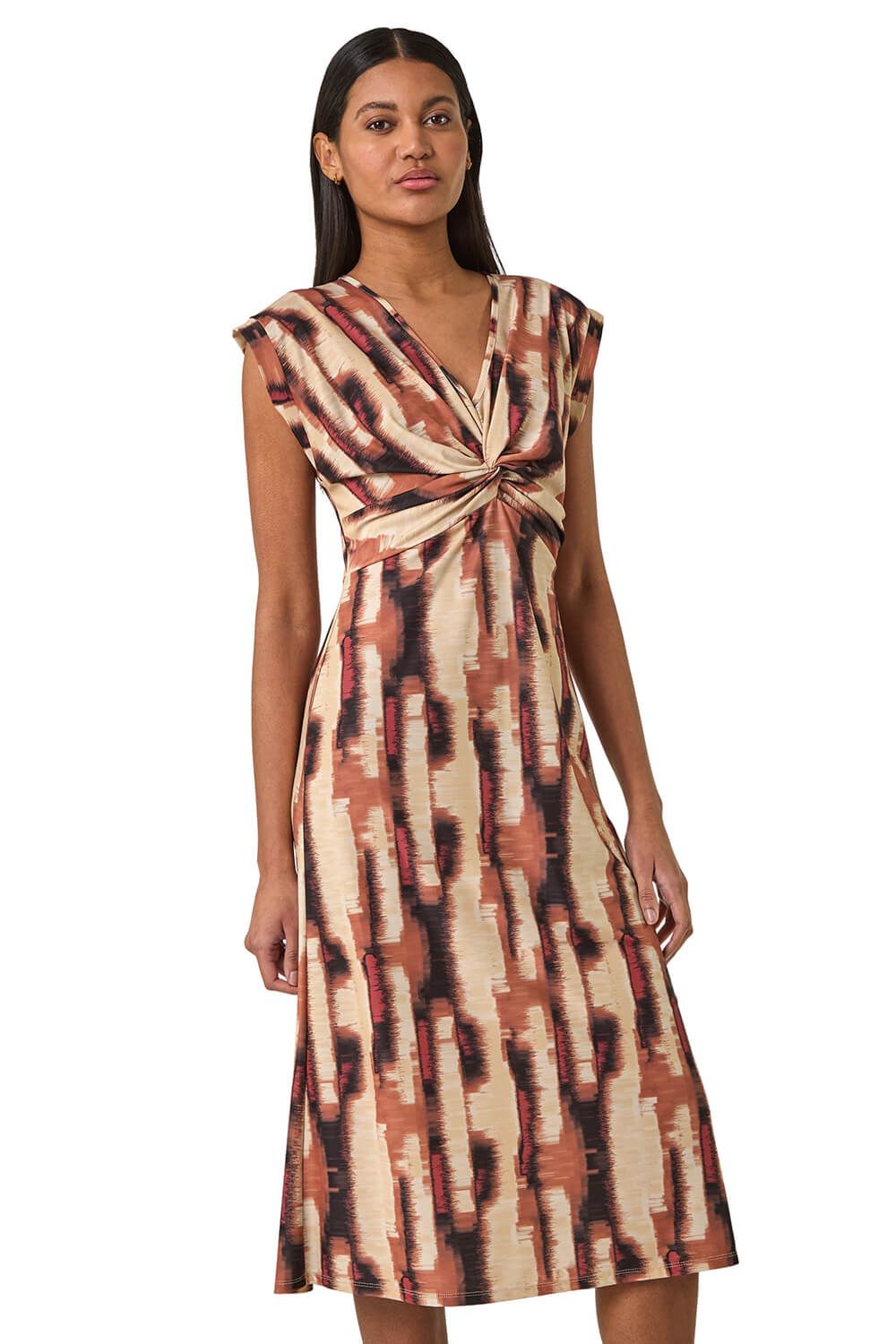 Abstract Print V-Neck Twist Midi Dress