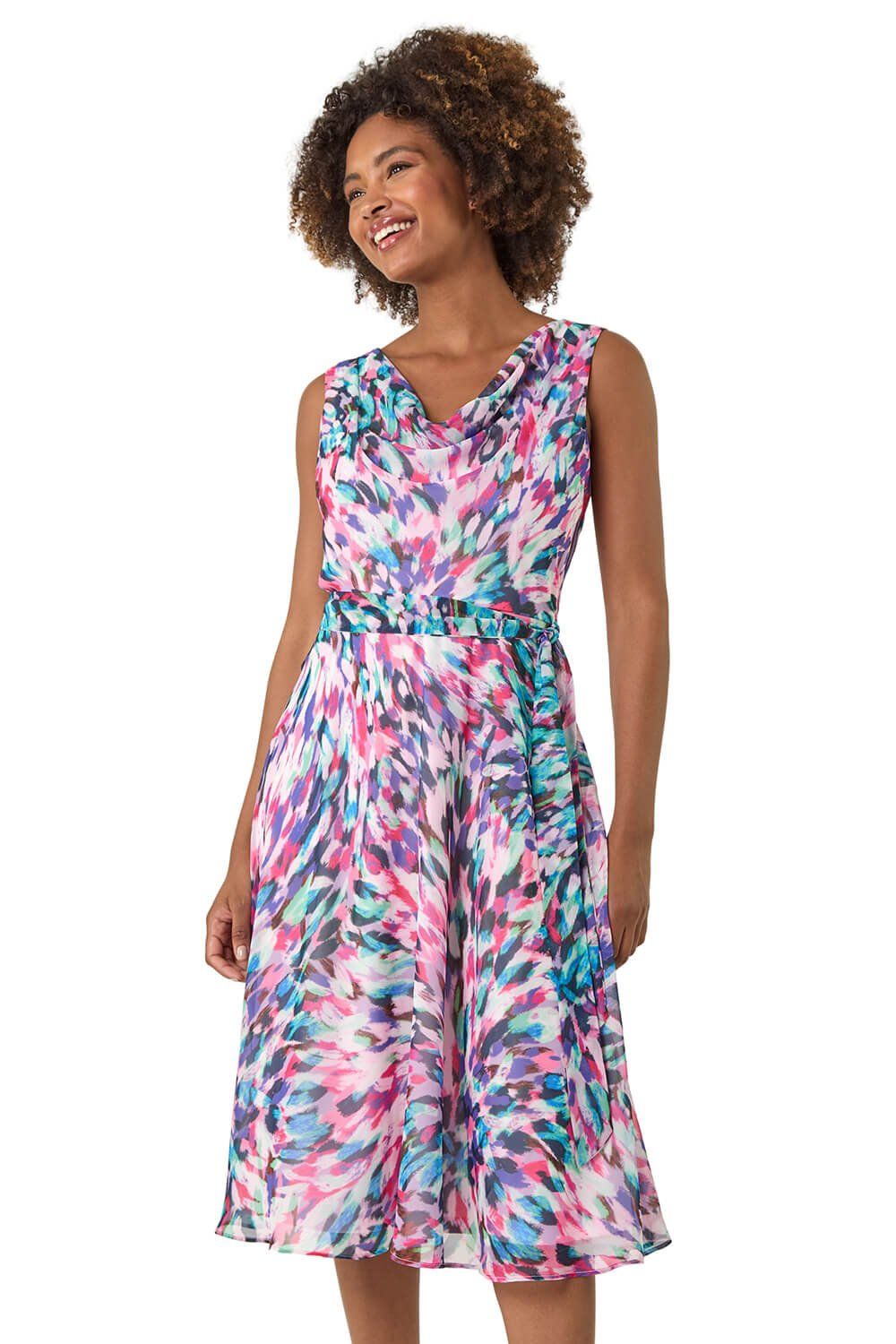 Abstract Print Chiffon Cowl Neck Dress