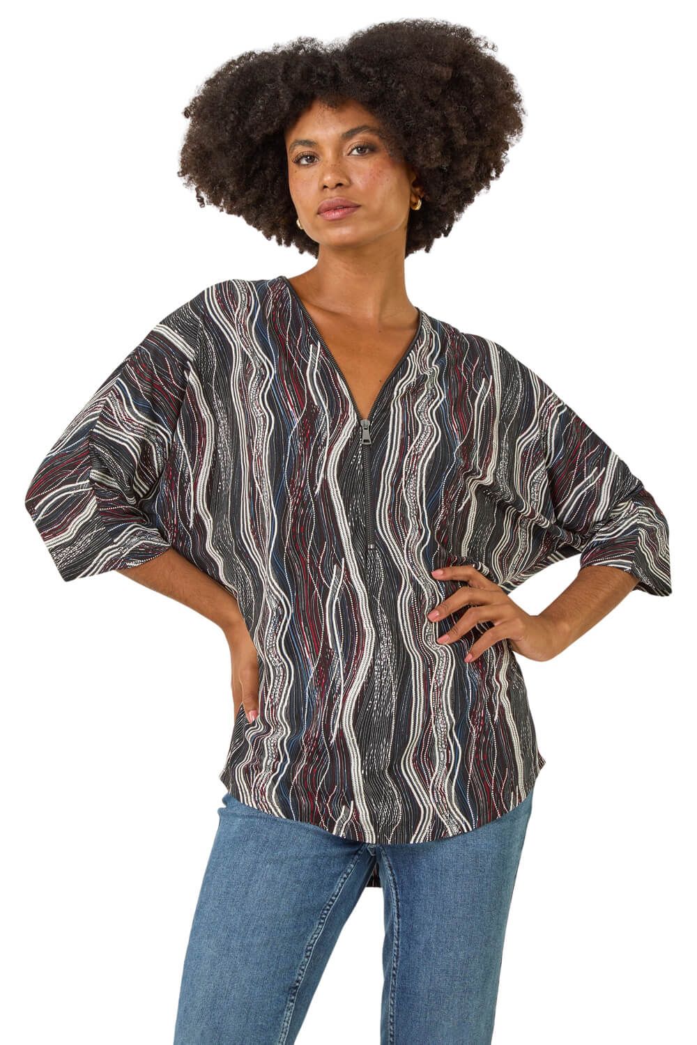 Abstract Print Zip Front Stretch Top
