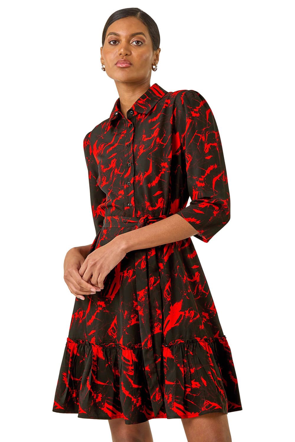 Abstract Print Tie Waist Shirt Dress
