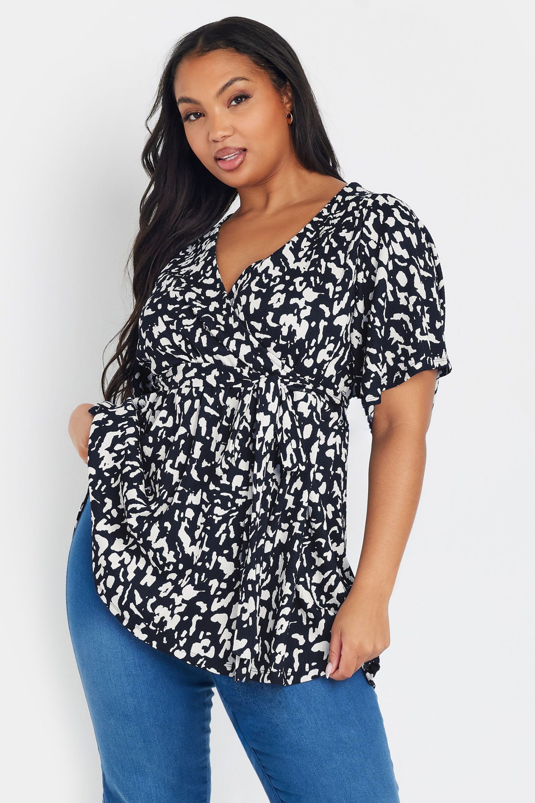 Abstract Print Textured Wrap Top