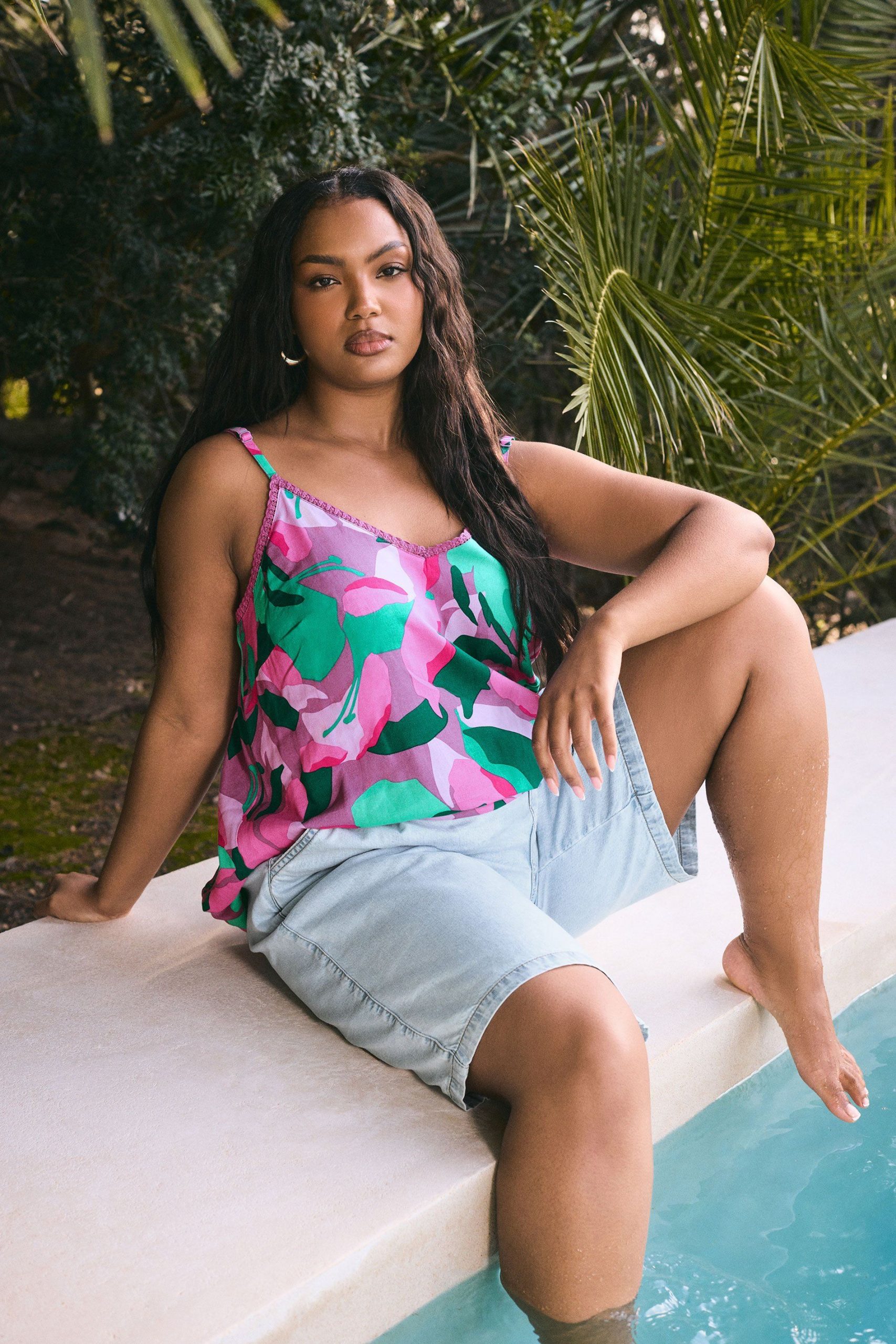 Abstract Lace Trim Cami Top