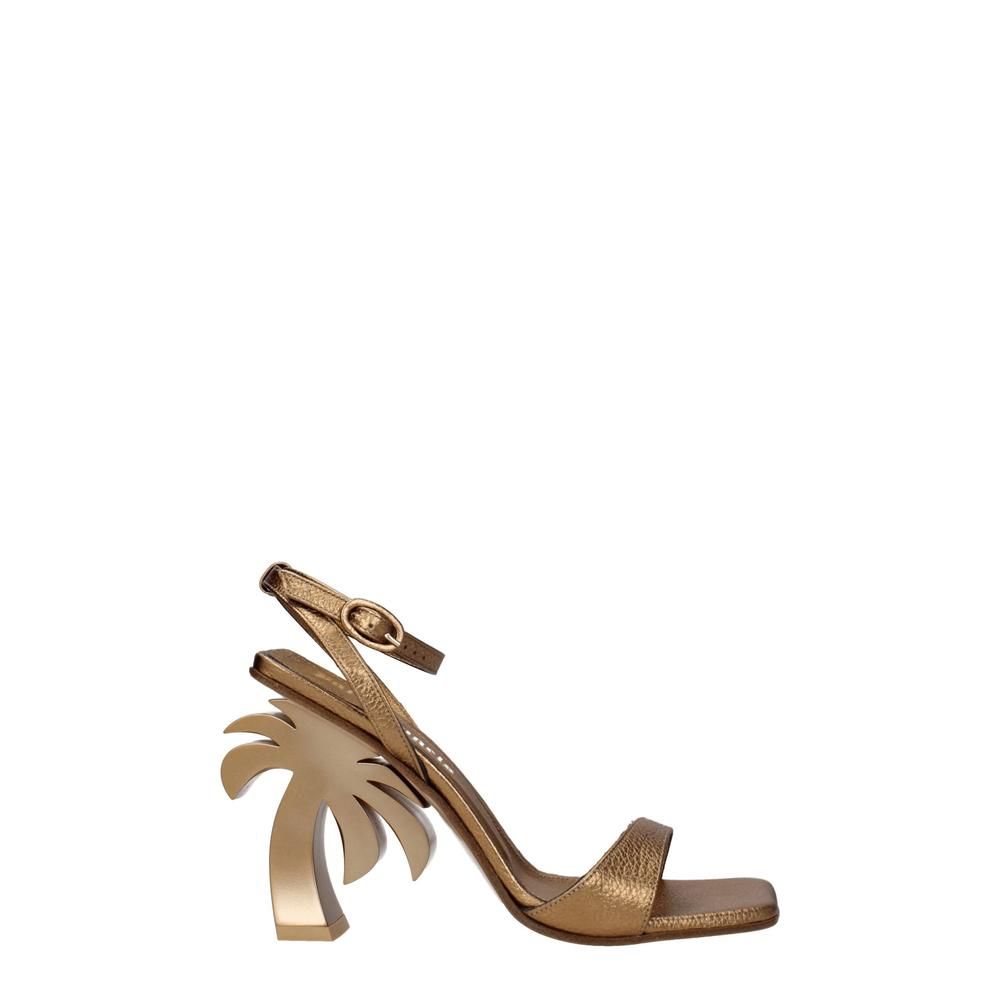 High Heel Leather Sandals with Buckle Closure- Gold