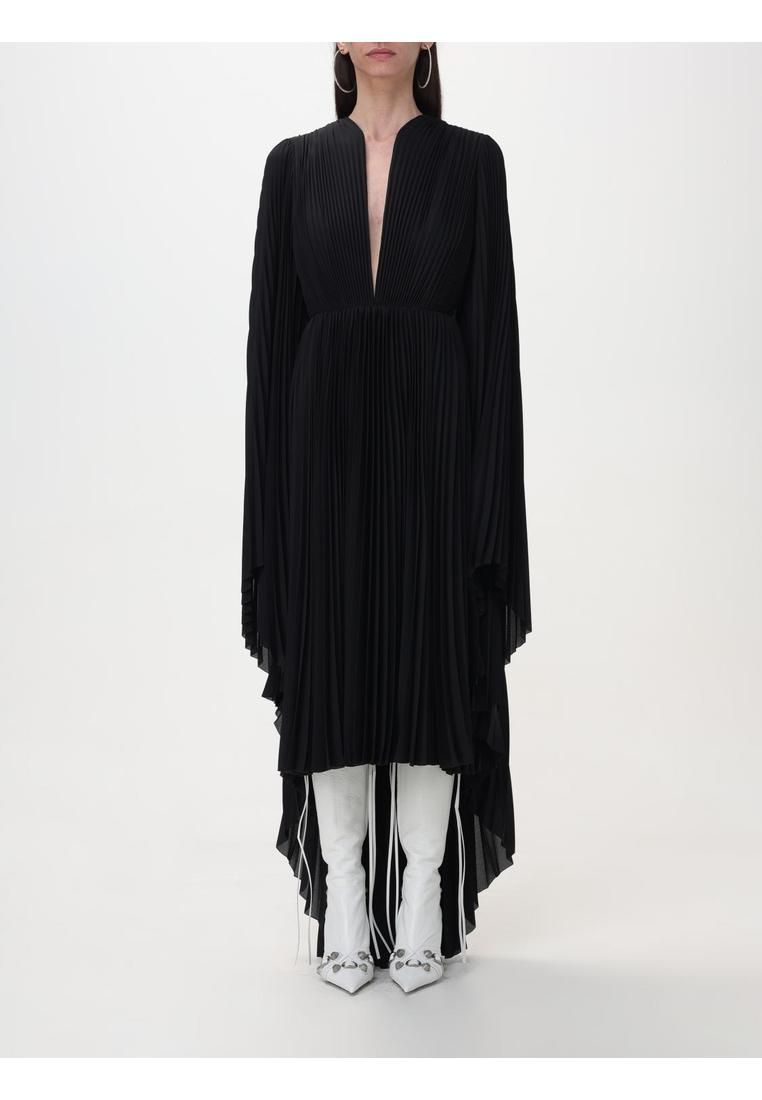 Pleated Midi Dress VNeck Long Sleeves- Black Dresses