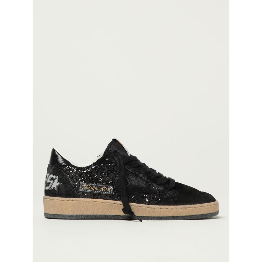 Low Top Lace-Up Sneakers with Glitter and Suede Details- Black
