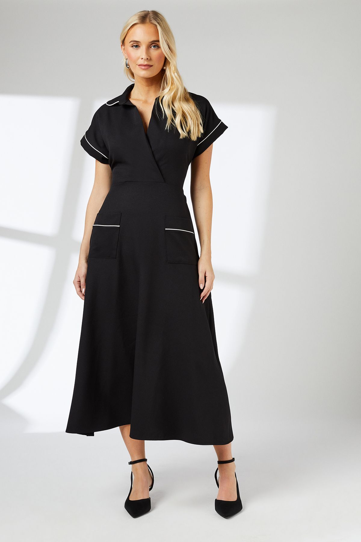 Mono Piped Detail Tie Front Dress