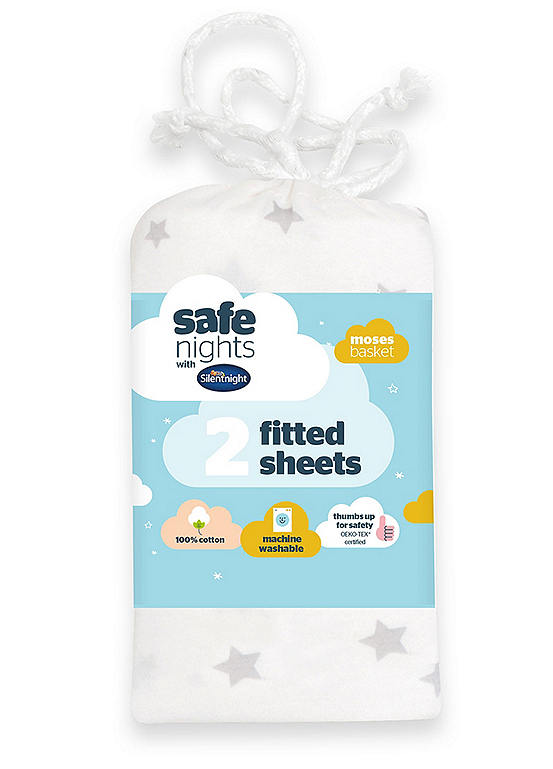 Silentnight Safe Nights Pack of 2 Star Moses Basket 100% Cotton Fitted Sheets