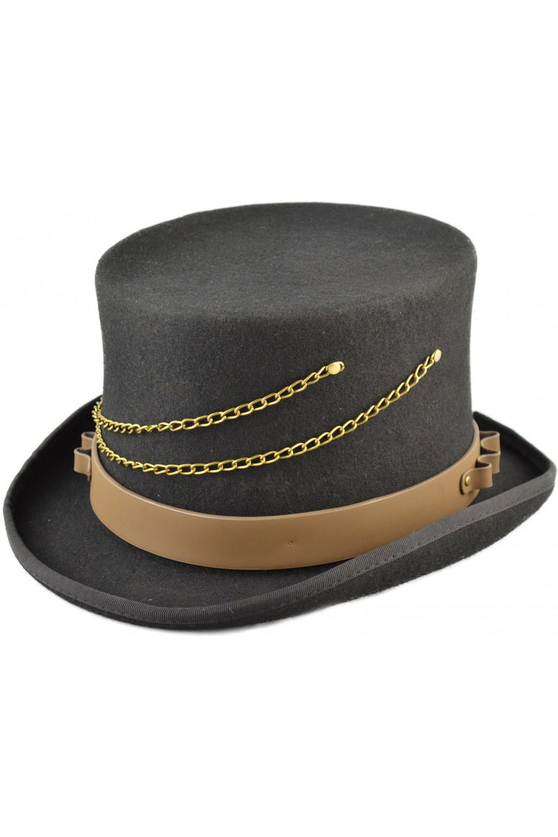 Steampunk Top Hat with Faux Leather Hat Band and Chains