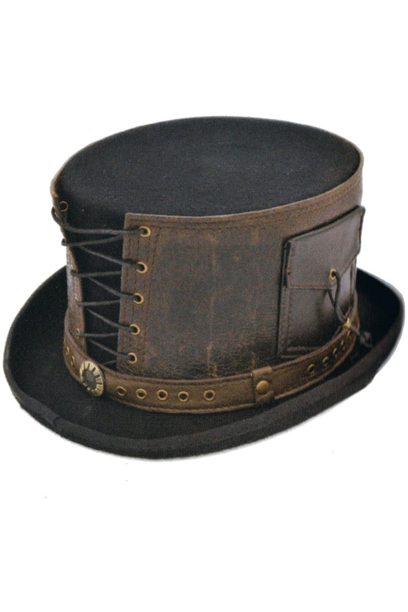 Steampunk Top Hat with Laced Brown Leather Hat Band